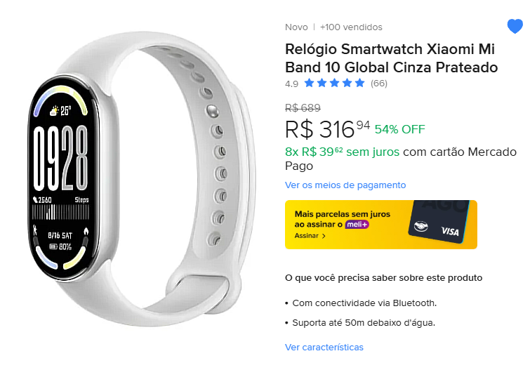Relógio Smartwatch Xiaomi Mi Band 10 Global Cinza Prateado