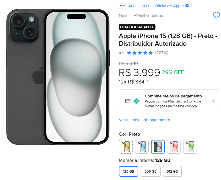 imagem_2025-10-09_232246278 Apple iPhone 15 (128 GB) - Preto - Distribuidor Autorizado