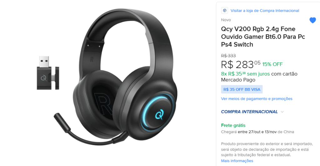 Qcy V200 Rgb 2.4g Fone Ouvido Gamer Bt6.0 Para Pc Ps4 Switch