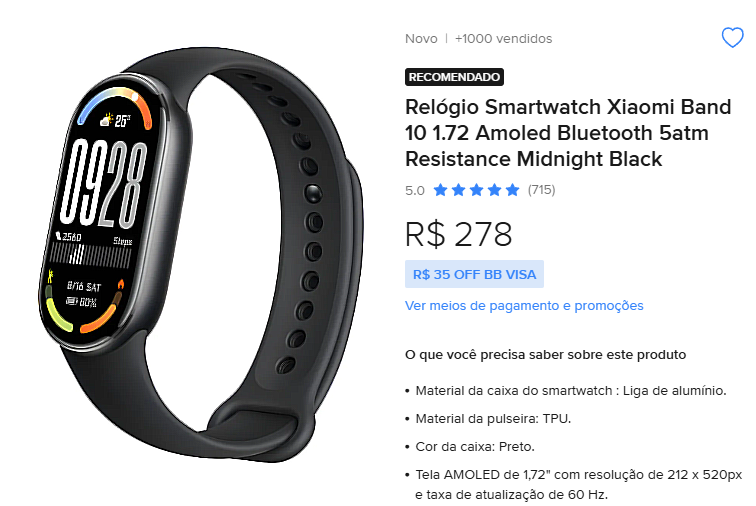 Relógio Smartwatch Xiaomi Band 10 1.72 Amoled Bluetooth 5atm Resistance Midnight Black