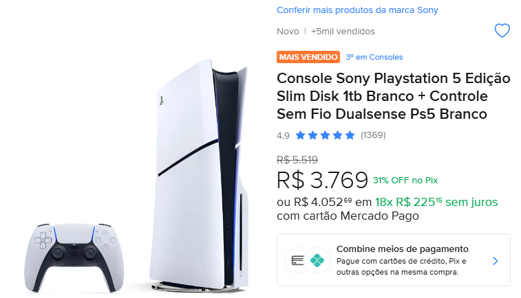 Console Sony Playstation 5 Edição Slim Disk 1tb Branco + Controle Sem Fio Dualsense Ps5 Branco